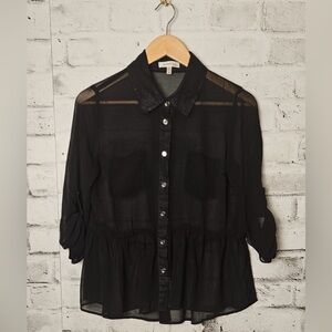 Monteau Los Angeles Black Sheer Button Front Peplum Blouse Size M